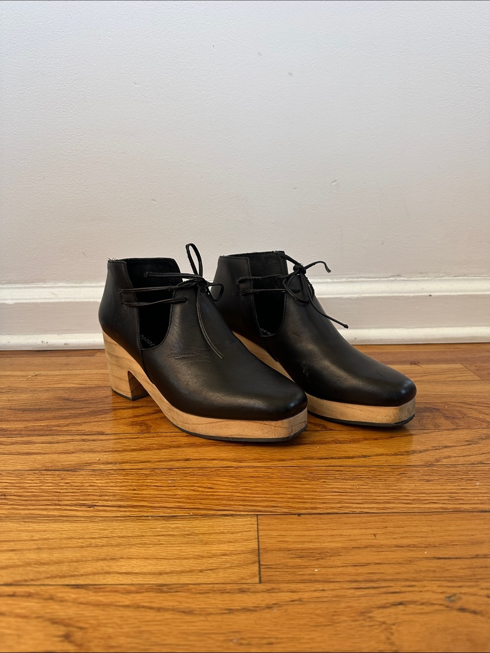 Kelsi Dagger Black Leather Lace-Up Clog with Natural Wood Platform